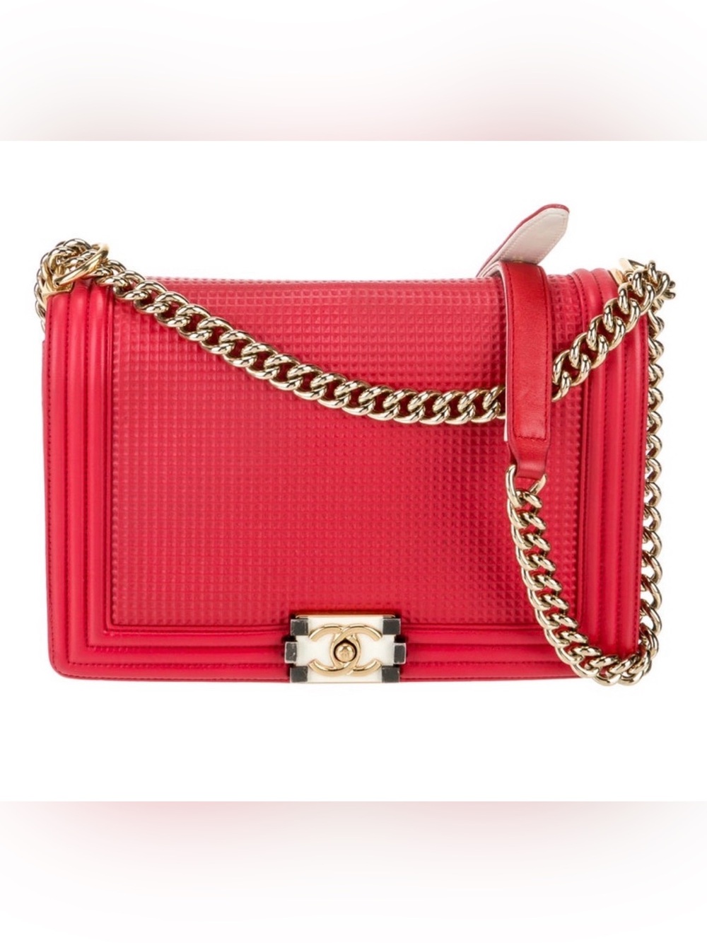 Chanel Red Cube Embossed Lambskin Leather Medium Boy Flap Bag